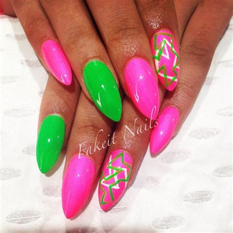 Pink And Green Acrylic Nails With Bright Hand Painted Design By Fakeit