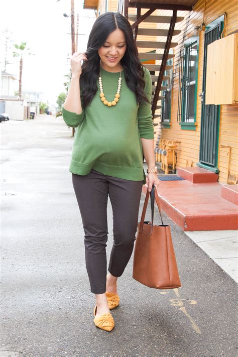Green Sweater Gray Chinos Mustard Flats Statement Necklace Casual Maternity Outfits