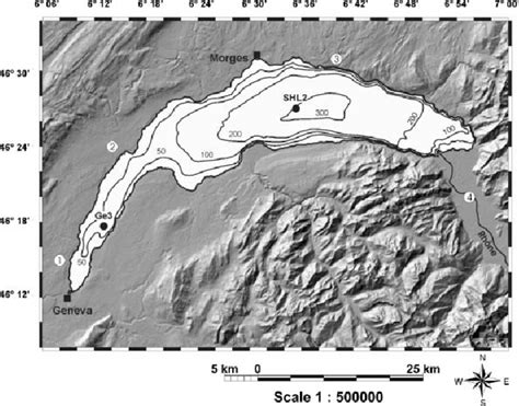 Topographic And Bathymetric Map Of Lake Geneva Lac L ́man With