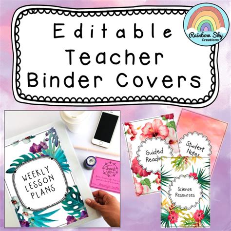 Editable Teacher Binder Covers Folder Covers Rainbow Sky Creations