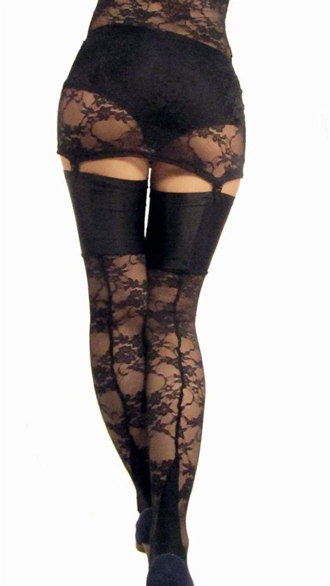 Black Seamed Cuban Heel Lace Stockings With Spandex Top Etsy Legs Outfit Spandex Top Lace