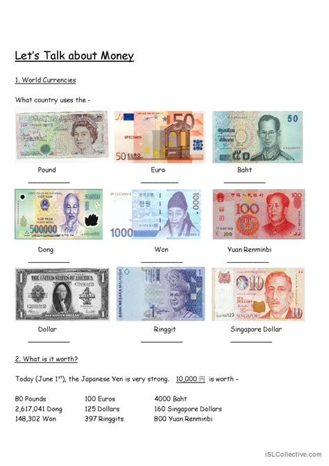 Lets Learn About Foreign Currencies English Esl Worksheets Pdf And Doc