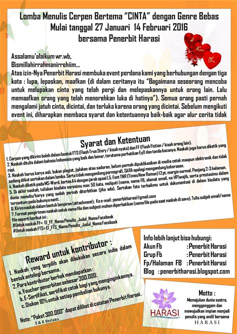 Lomba Menulis Cerpen Bertema “CINTA” dengan Genre Bebas 14/01/2016 ~ Penerbit Harasi