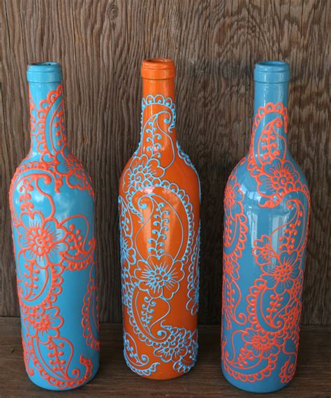 Set Of 3 Hand Painted Wine Bottle Vases Turquoise And Coral Etsy
