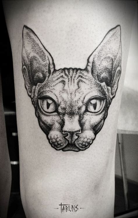 Gorgeous Dot Style Thigh Tattoo Of Sphinx Cat Head Tattooimagesbiz