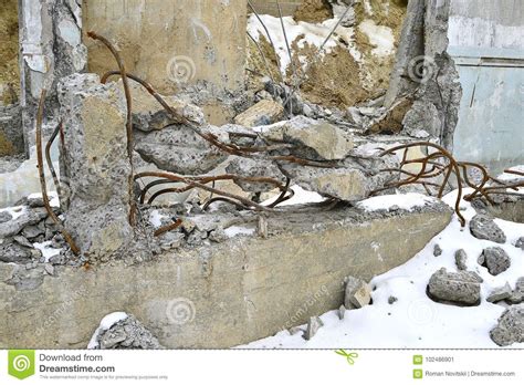 Pile Of Smashed Asphalt Rubble And Rusty Rebar Steel Stock Image