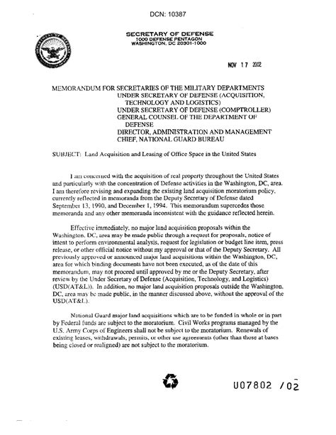 Secdef Memo Land Acquisition And Leasing Memo 17 Nov 02 Page 1 Of