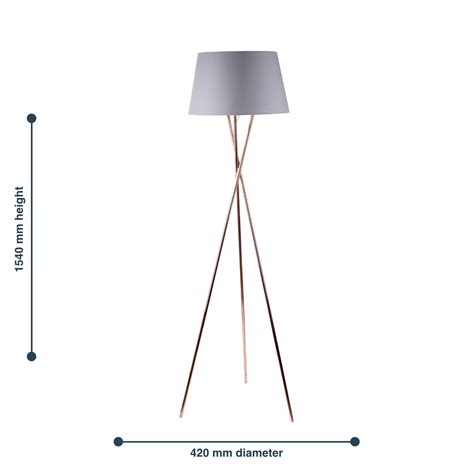 Pair Copper Tripod Floor Lamp With Grey Fabric Shade
