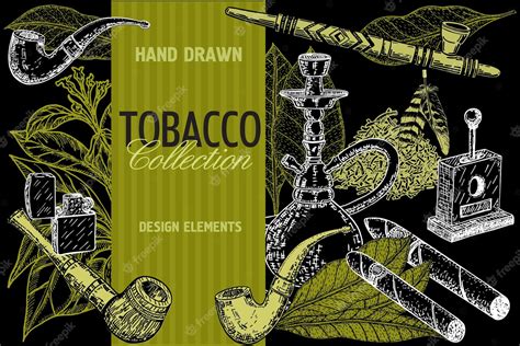 Ручной рисунок плакатов с табаком и набором для курения сигары в стиле эскиза векторная