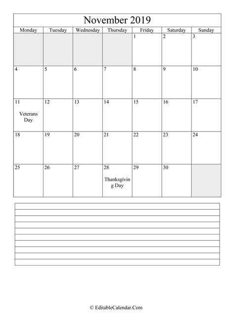 Editable Calendar November 2019