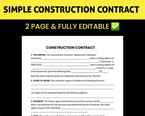Construction Contract Agreement Template Printable Pdf Editable