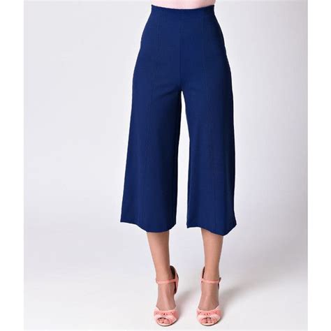 Vintage 1940s Style Navy Blue High Waist Knit Culotte Pants £32 Liked On Polyvore Featuring