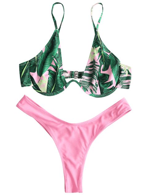 Leaf Print Underwire Bikini Set Pink L Bikini Set Thong Bikini