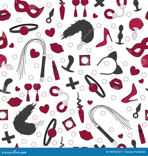 Vector Seamless Pattern Bdsm Colored Icon Of Intimate Toys Sex Shop Isolated Over White