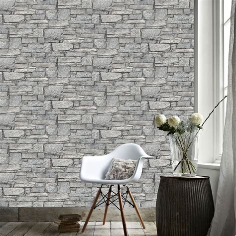 Chalet Stone Navy Pastel Grey Wallpaper Brick Effect Paste