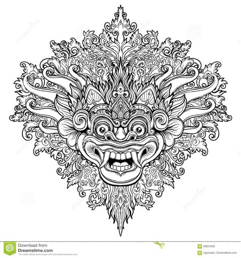 barong traditional ritual balinese mask vector decorative ornate outline illustration isolated