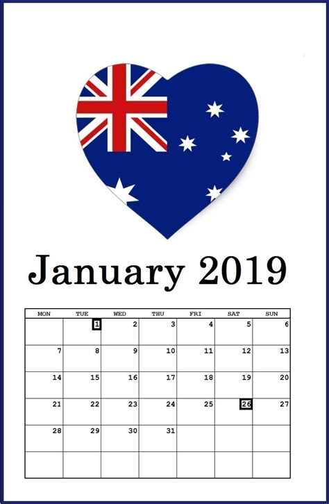 January 2019 Australia Holidays Wall Calendar Holiday Calendar