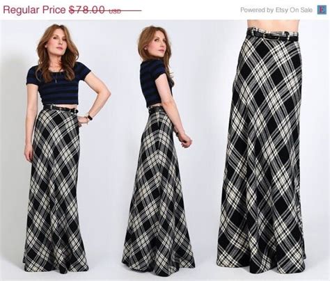 Huge Sale Vintage 70s Plaid Wool Maxi Skirt Xs S High Waisted Black