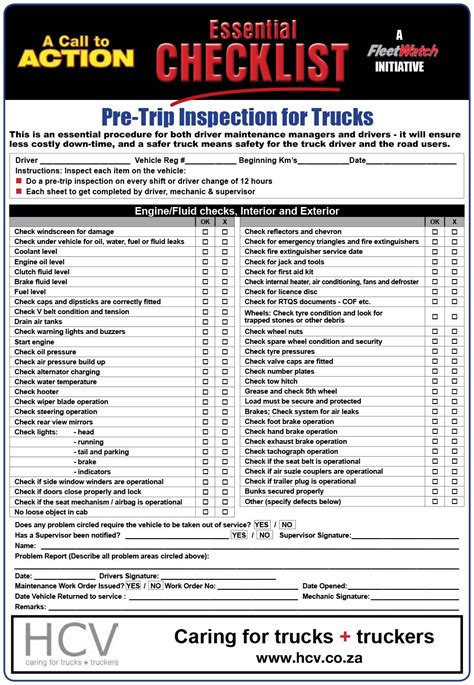 Truck Pre Trip Inspection Checklist Inspection Checklist Vehicle