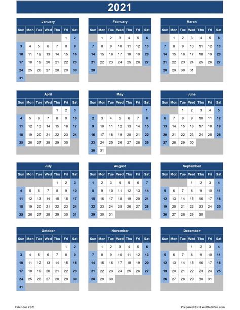 Download 2021 Yearly Calendar Sun Start Excel Template 1 Calendar