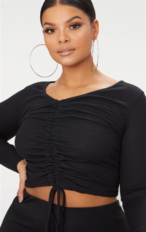 Plus Black Ribbed Ruched Crop Top Plus Size Prettylittlething