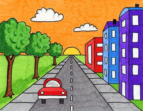 Easy Tutorial For A City With One Point Perspective Drawing Voor Kinderen