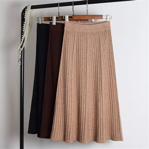 New Autumn Winter Warm Women Knitted Skirt Elastic High Waist Pleated