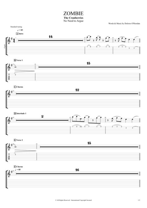 Tablature Zombie De The Cranberries Guitar Pro Full Score Mysongbook