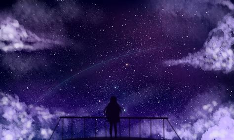 Download 2500x1500 Anime Girl Stars Clouds Fence Silhouette