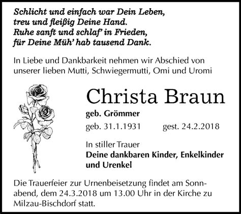 Traueranzeigen Von Christa Braun Abschied Nehmende
