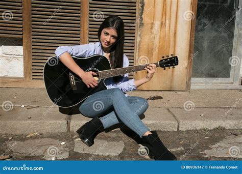 Girl Pose With A Guitar Stock Image Image Of Musician 80936147