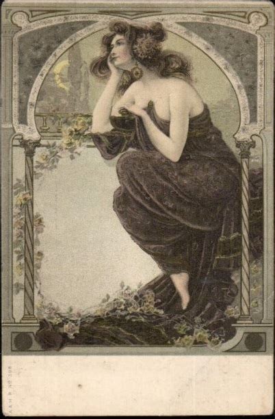 Art Nouveau Beautiful Woman Moon Gazing Postcard 1906