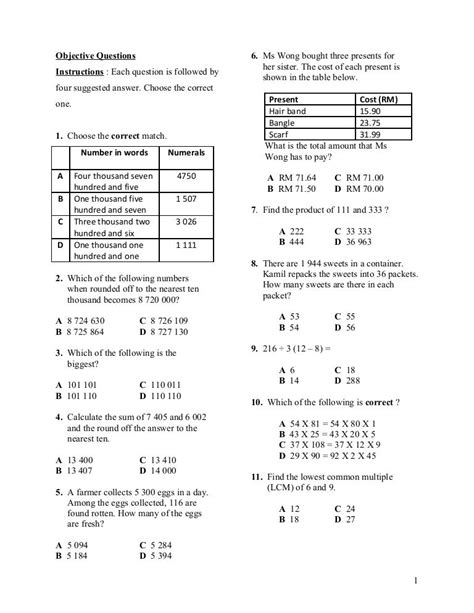 Mathematics Form 1 Exam Paper Kssm