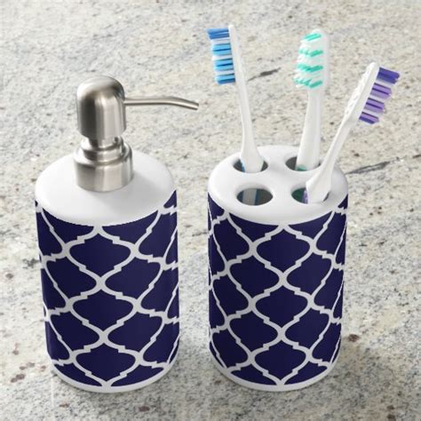 Amazon com ambesonne cloud soap dispenser and toothbrush. Navy Blue Chic Moroccan Quatrefoil Toothbrush Holders | Zazzle
