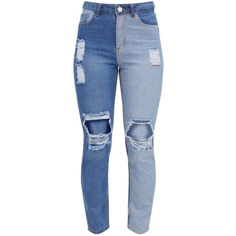 Mid Wash Contrast Panel Extreme Ripped Mom Jeans 45 Liked On