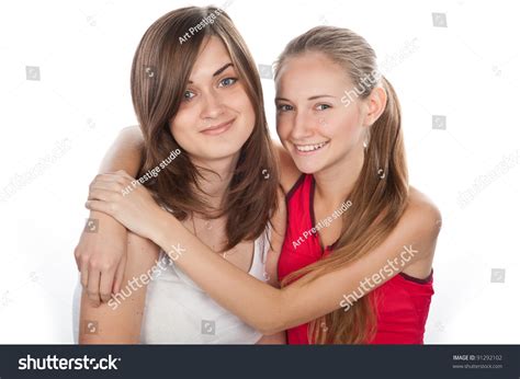 Two Beautiful Girls Embraced Caucasians Girlfriend Stock Photo 91292102