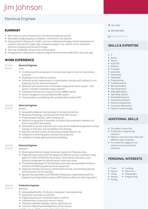 The engineering field is becoming more popular each year, but if you have the right resume, you can compete with the other experts. Electrical Engineer - Resume Samples and Templates | VisualCV