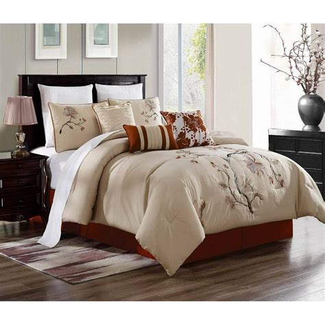 Brenda 7 Piece Comforter Set Cotton Touch Oversized Embroidered Bedding Taupe And Rust King Size