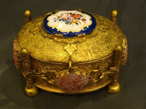 Gilded Bronze Dresser Box With Porcelain And Stone Insets Antique