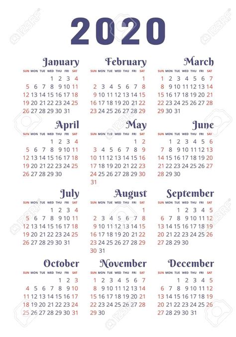 Calendar 2020 Year Vector Design Template English Vertical Royalty