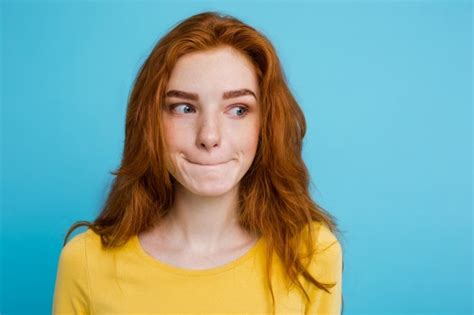 Headshot Portrait Of Happy Ginger Red Hair Girl With Freckles Smiling