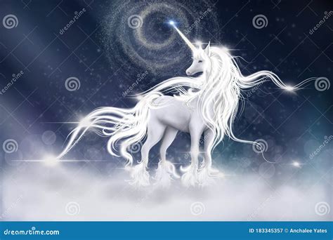 Illustration Of Unicorn With Sky Galaxy Fantasy Background In Blue