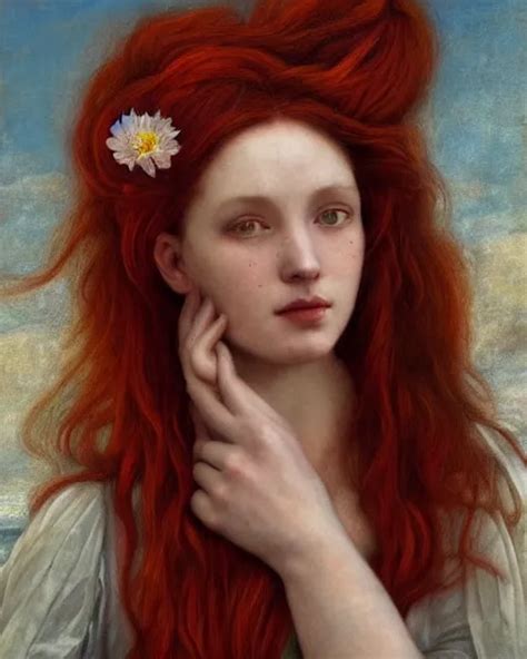 A Woman With Long Red Hair And A Flower In Her Hair A Stable