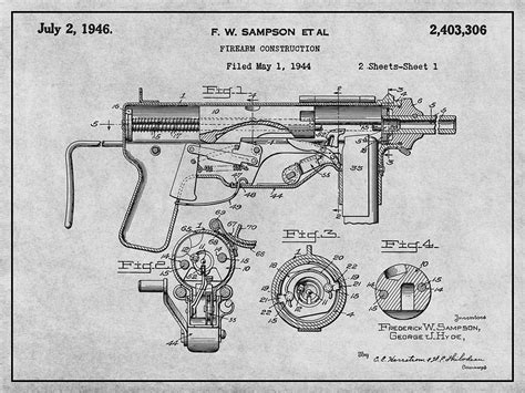 1944 M3 Submachine Gun Gray Patent Print Drawing By Greg Edwards Fine