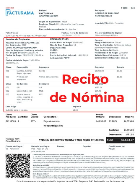 Ejemplo De Recibo De Nómina 12 Cfdi 33 Nomina Nomina De Pago Recibo