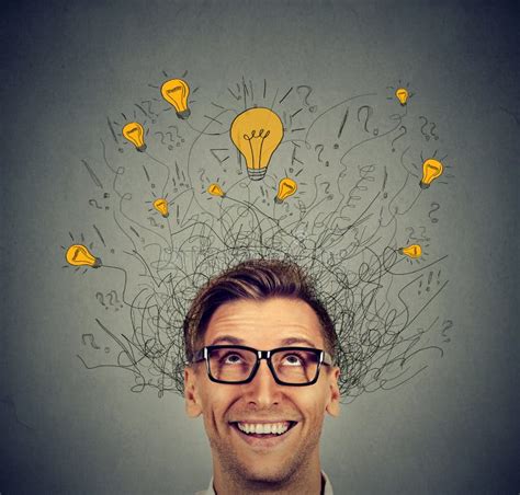 Excited Man With Many Ideas Light Bulbs Above Head Looking Up Stock