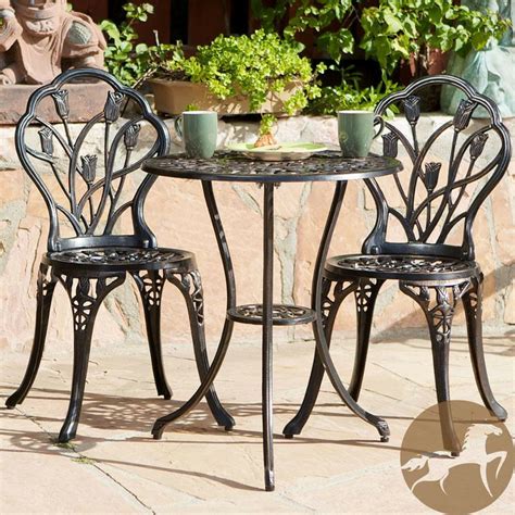 Round table tops with pedestal bases easily fit on balconies and patios for alfresco dining, afternoon coffee and drinks with a friend. Cast Iron Bistro Patio Set Outdoor Table Chairs Furniture ...