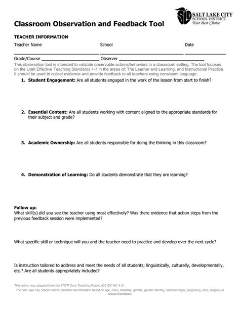 classroom observation  feedback form