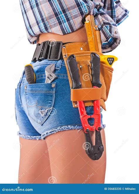 female worker tools in back pockets and tool belt close up stock image image of hips