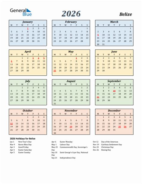 2026 Holiday Calendar For Belize Monday Start